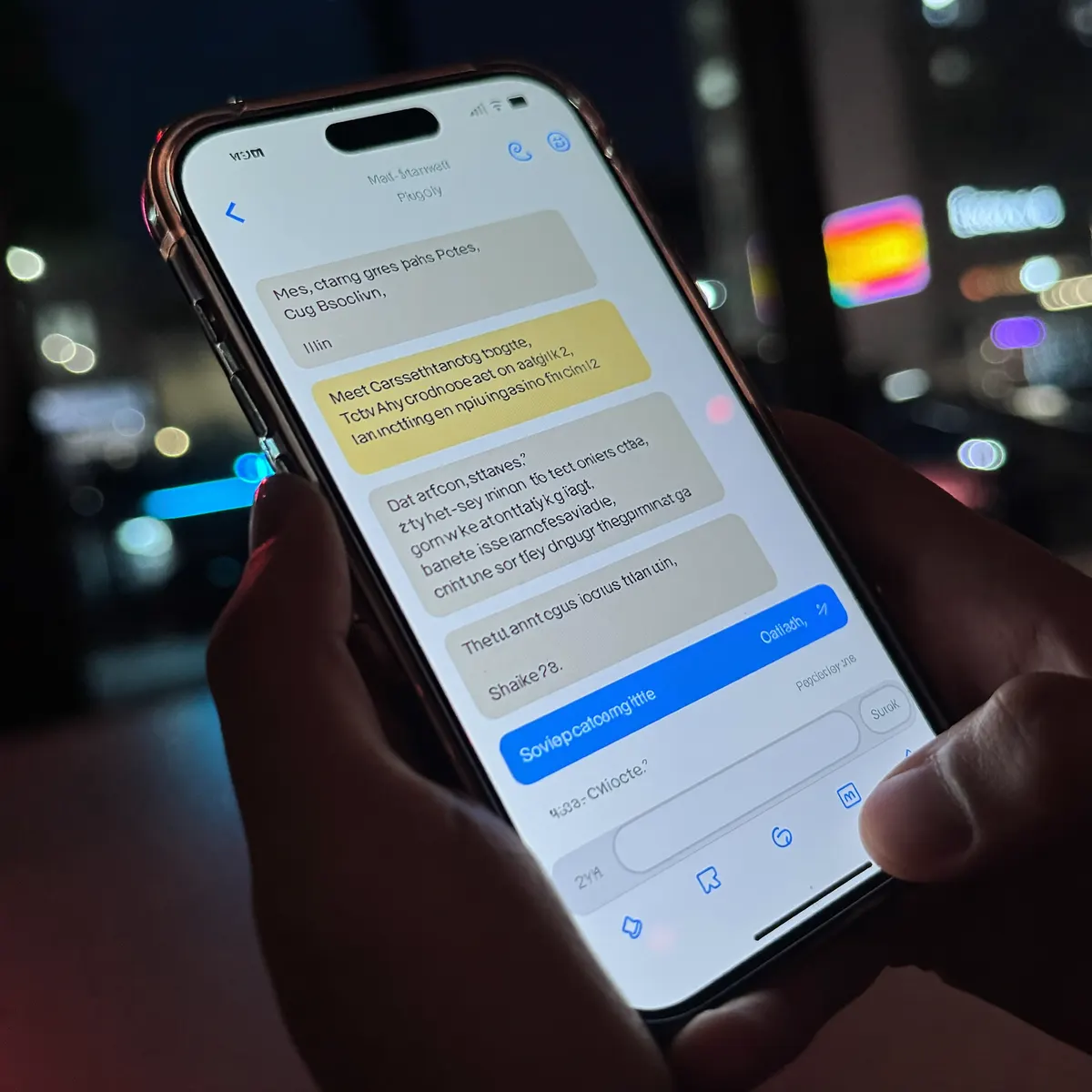 Hände halten ein Smartphone mit einem Chatverlauf
