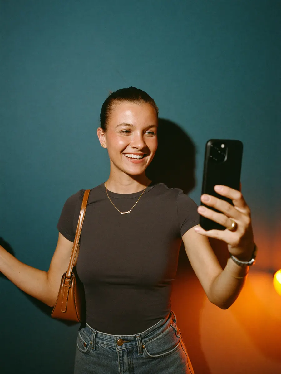 Frau nimmt ein Video mit dem Smartphone vor einer türkisen Wand auf