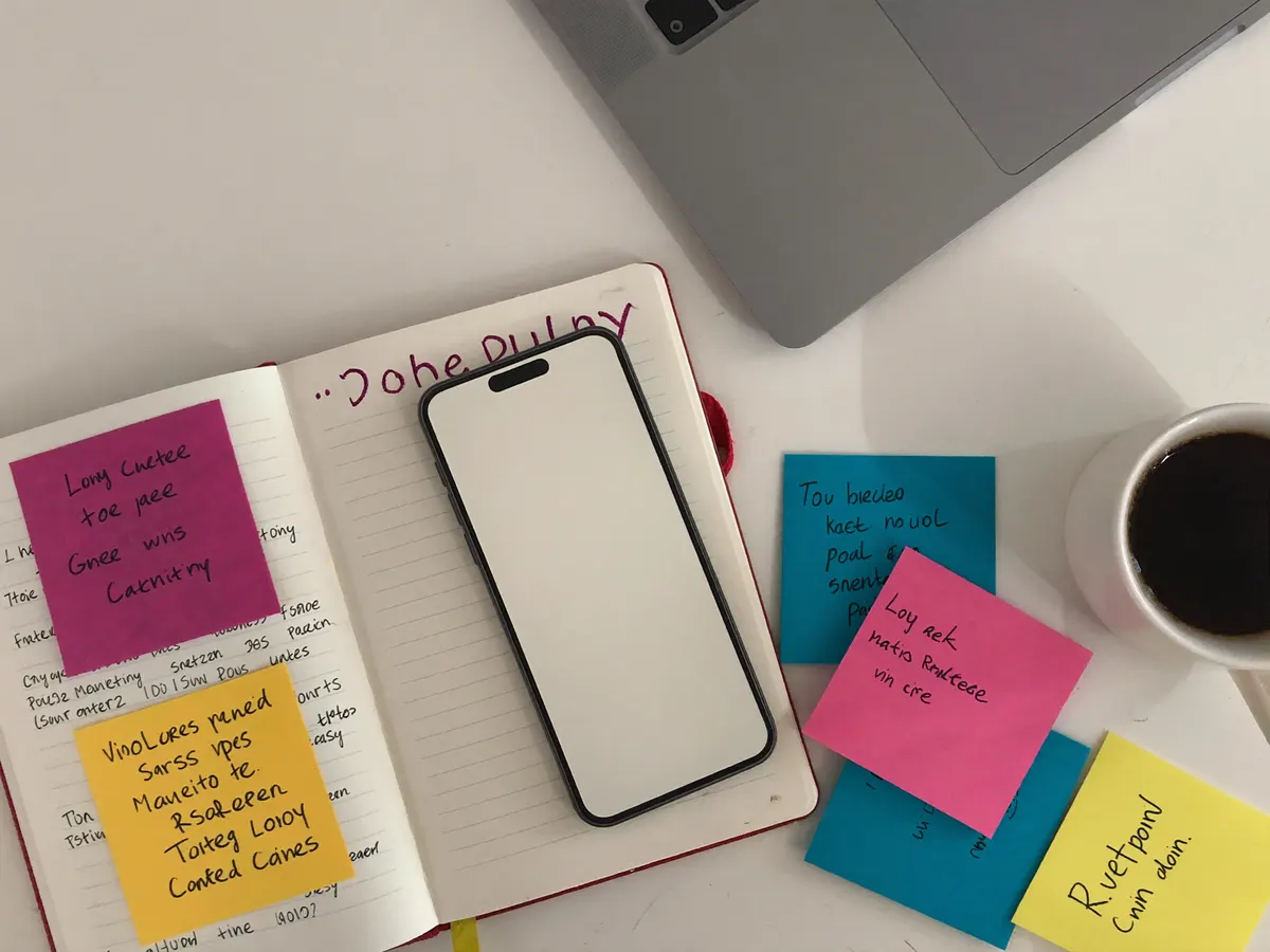 Schreibtisch mit Smartphone, Notizbuch und bunten Haftnotizen